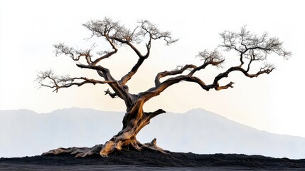 [Serene gnarled old tree landscape] Ancient Tree Standing Tall in Serene Mountain Landscape