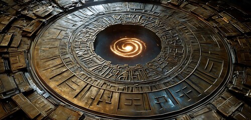 Obraz premium A massive bronze time gate inscribed with futuristic patterns energy vortex swirling in the center