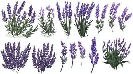 Detailed Pixel Art of Lavender Flowers and Plants on White Background Illustration