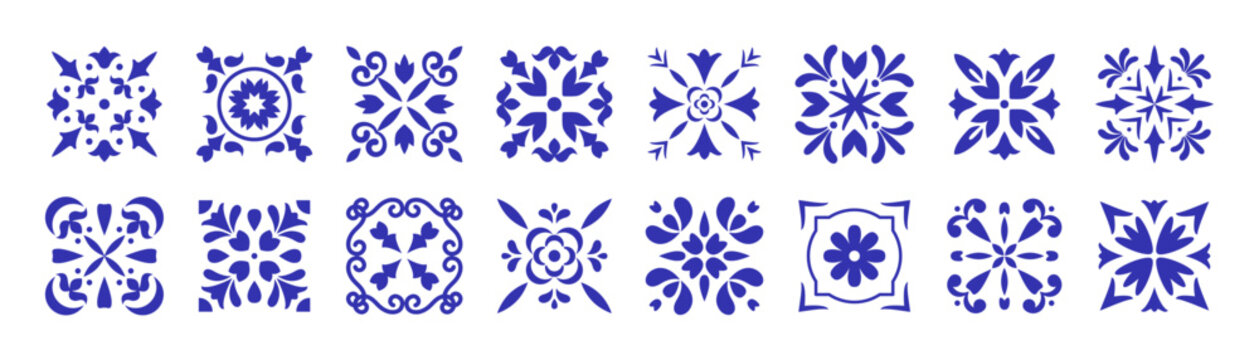 Mediterranean ceramic tile pattern collection. Sicilian, Portuguese, Spanish tile traditional design, porcelain pottery. Mosaic. Vector isolated on white background