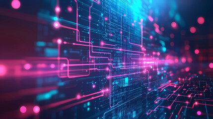 abstract background with pink blue glowing neon lines and bokeh lights. Data transfer concept. Digital wallpaper, 