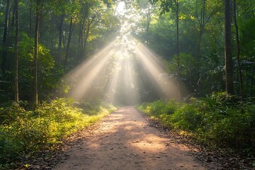 Fototapeta premium Sunlight beams through lush forest path a tranquil nature photography viewpoint