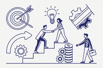 4 Business icons, linear style, blue and white, teamwork concepts, management symbols, innovation imagery, partnership graphics, strategy icons, collaboration visuals, goal setting illustrations, edit