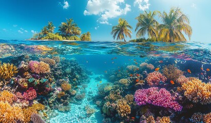 Naklejka premium A Split Composition showcasing vibrant colors defines the Tropical Island Paradise, where an Underwater Coral Reef and Palm Trees converge, embodying an Ocean Landscape with Tropical and Underwater