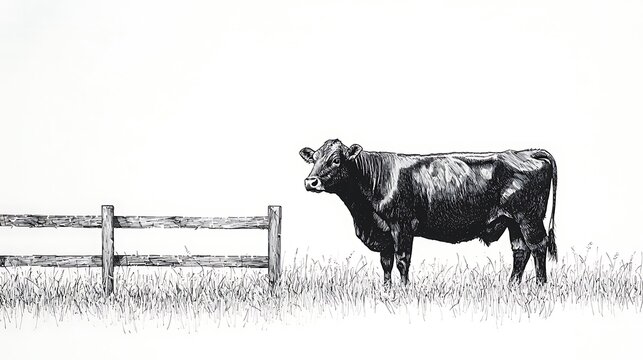 Highly detailed pen and ink drawing of a cow standing near a wooden fence in a grassy field, cross-hatching for shadow under the fence, precise details in the cow musculature and grassy textures