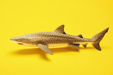 Naklejka premium Leopard shark figure resting on a plain yellow surface