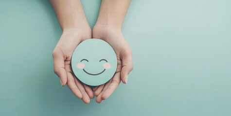 A head with a happy smiling face being held in the hands symbolizes a mental health concept, highlighting positive thinking, support, and assessment