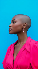 Portrait of a woman with a shaved head, wearing a pink dress and elegant earrings, standing against a vibrant blue background, symbolizing beauty, confidence, and strength.