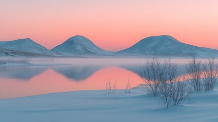 Pink winter sunrise over a frozen lake with snow-covered mountains reflected in the still water.