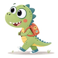 Naklejka premium A cheerful cartoon dinosaur character with a backpack, ideal for children's themes and playful imagery.