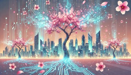 Obraz premium A Stunning Futuristic Cityscape with Digital Sakura Trees and Neon Lights in a Pastel Palette