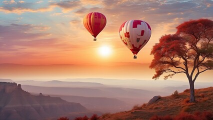 Fototapeta premium Hot air balloon over realistic dreamscape