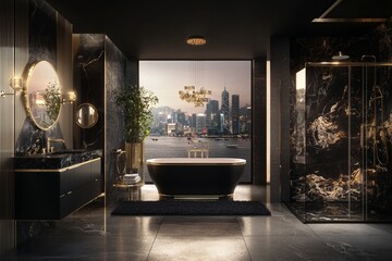 This chic bathroom features black marble tiles, gold fixtures, and soft, realistic V-Ray lighting that together create a luxurious ambiance