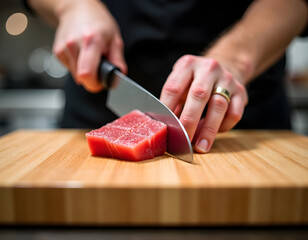 Chef skillfully slicing fresh tuna on a wooden cutting board, showcasing precision and attention to detail in culinary preparation for sushi or gourmet dishes.