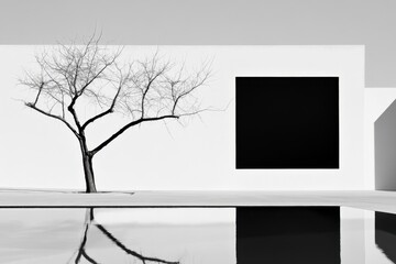Minimalist black white architecture with tree reflection