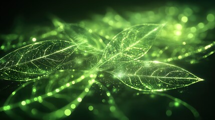 Luminous green leaves glowing with energy on a dark background nature and technology blend