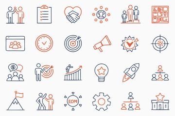 6 A grid of 36 icons representing different teamwork concepts, each icon is a simple, flat design in shades of blue and orange. The icons include team, leadership, collaboration, success, teamwork, st