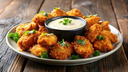 Fototapeta premium Crispy fried chicken nuggets sitting on a plate with creamy garlic sauce drizzled on top , creamy garlic sauce, chicken nuggets