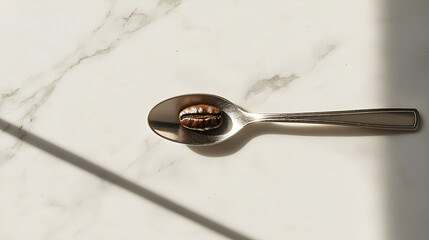 Single coffee bean in a spoon on a marble surface, highlighted by sunlight.