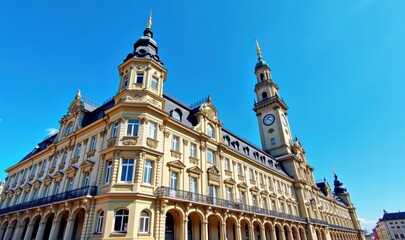 Fototapeta premium Stunning architectural shot of a historic building against a clear blue sky, perfect for showcasing city culture and heritage.