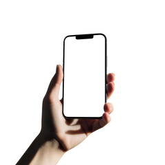 A person is holding a cell phone with a white background