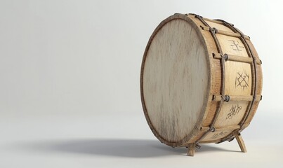 A rustic wooden drum displayed on a neutral background, showcasing its craftsmanship and details