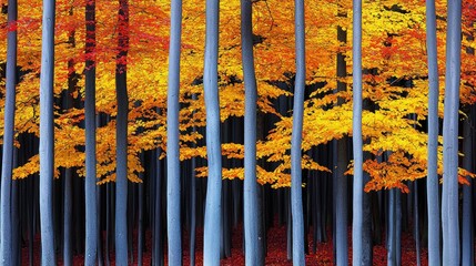 Vibrant autumn forest with colorful trees and tall trunks.