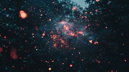 Fototapeta premium An abstract digital representation of a glowing blue sphere surrounded by energetic orange lines, capturing the essence of technology, innovation, and futuristic visual concepts in motion