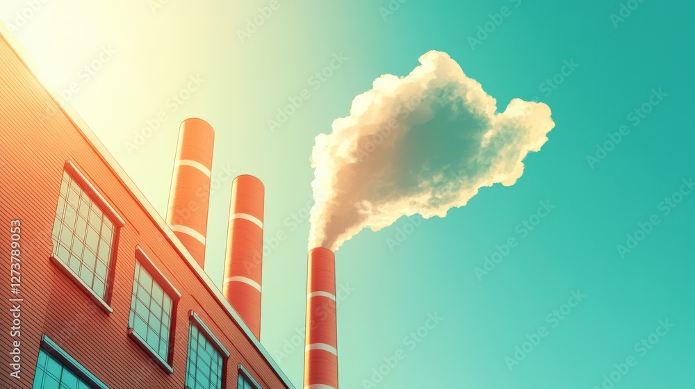 Poster a large building with a tall stack of red chimneys