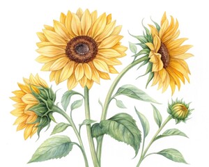 Naklejka premium Vibrant watercolor illustration of sunflowers showcasing their beauty and natural charm.