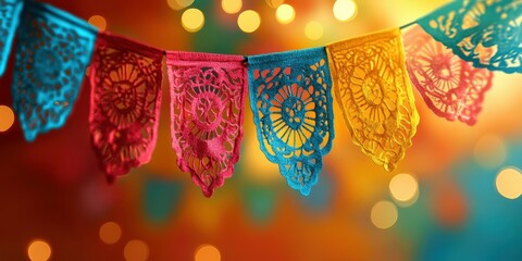Colorful papel picado banners create a vibrant atmosphere for a celebration in a festive setting