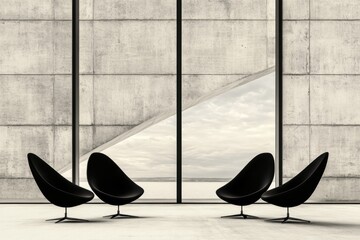 Modern interior with minimalist black chairs large window view