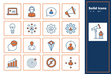  A digital illustration featuring a grid of 36 social icons in a modern, minimalist style. The icons are divided into four rows and three columns, each representing different themes such as leadershi