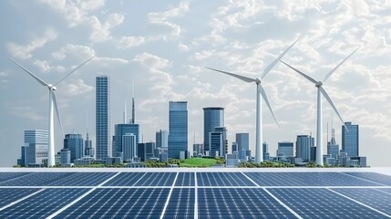 Futuristic and sustainable urban skyline featuring a modern cityscape with skyscrapers wind turbines and solar panels