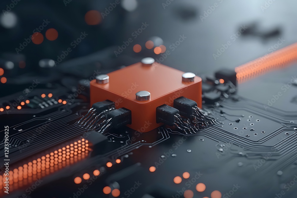 Poster macro photography of circuit board components in a high-tech digital workspace environment