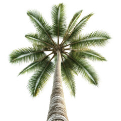 A tall palm tree with a green trunk and leaves