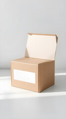 A corrugated shipping box mockup with a blank area for logos or branding, placed on a clean surface with soft shadows and a minimalistic background.