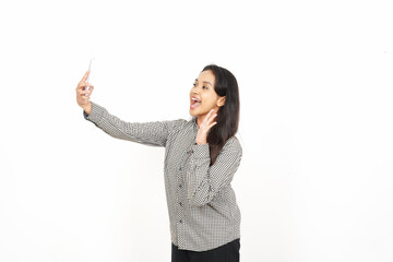 Joyful and Taking a Selfie Of Beautiful Asian Woman Isolated On White Background