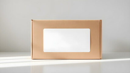 A corrugated shipping box mockup with a blank area for logos or branding, placed on a clean surface with soft shadows and a minimalistic background.