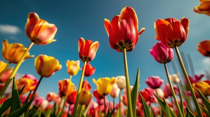 Obraz premium Tulip Field Under Bright Sunshine on a Clear Spring Day