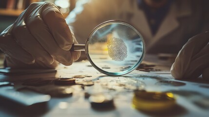 Detective at a crime scene, carefully observing a footprint with a magnifying glass. Featuring analysis and discovery