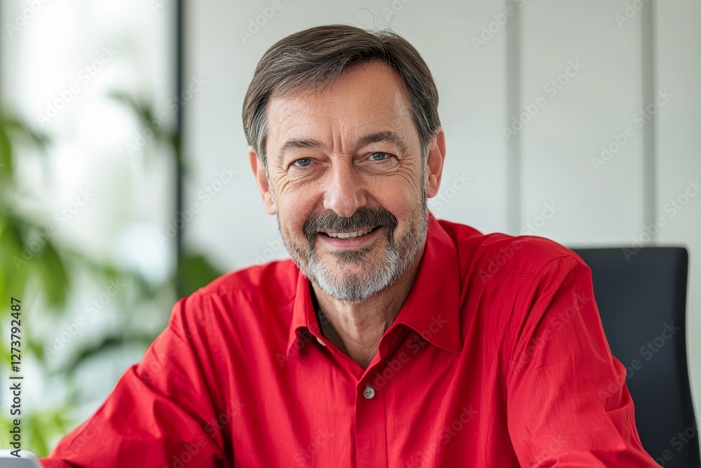 Poster a successful smiling man is working inside an office with a laptop, a businessman in a red shirt is 
