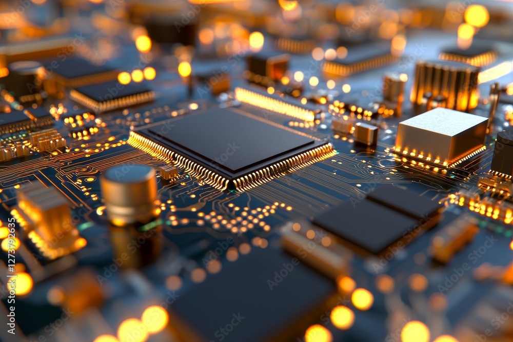 Poster a robotic arm is assembling electronic components onto a circuit board within a clean room environme