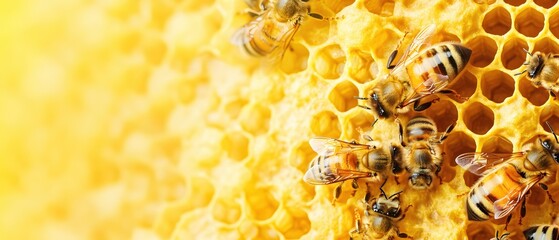 Golden honeycomb with busy bees creating sweet honey in a natural and vibrant scene