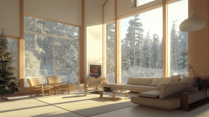 Fototapeta premium A clean, modern living room with minimalist furniture, neutral colors, and plenty of natural light streaming through large windows, creating a serene atmosphere.