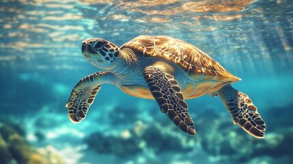 Obraz premium Captivating Underwater Photo of a Majestic Sea Turtle in Crystal-Clear Waters