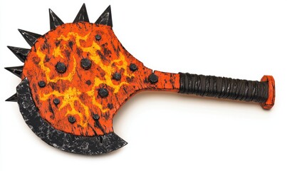 A vibrant, stylized weapon resembling a battle axe with fiery patterns, isolated on a white background