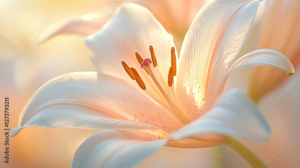 Poster a close-up of a delicate lily with soft, translucent petals and a subtle gradient of color, capturin