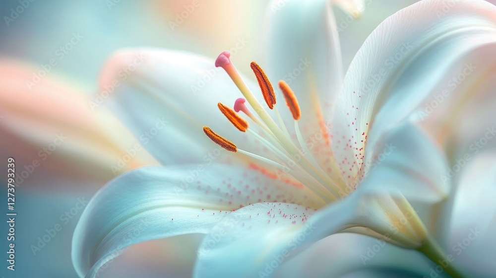 Poster a close-up of a delicate lily with soft, translucent petals and a subtle gradient of color, capturin