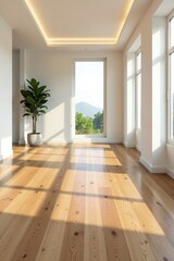 Bright Sunlight Illuminates a Spacious Room with Hardwood Floors and a Large Window Offering a Panoramic View